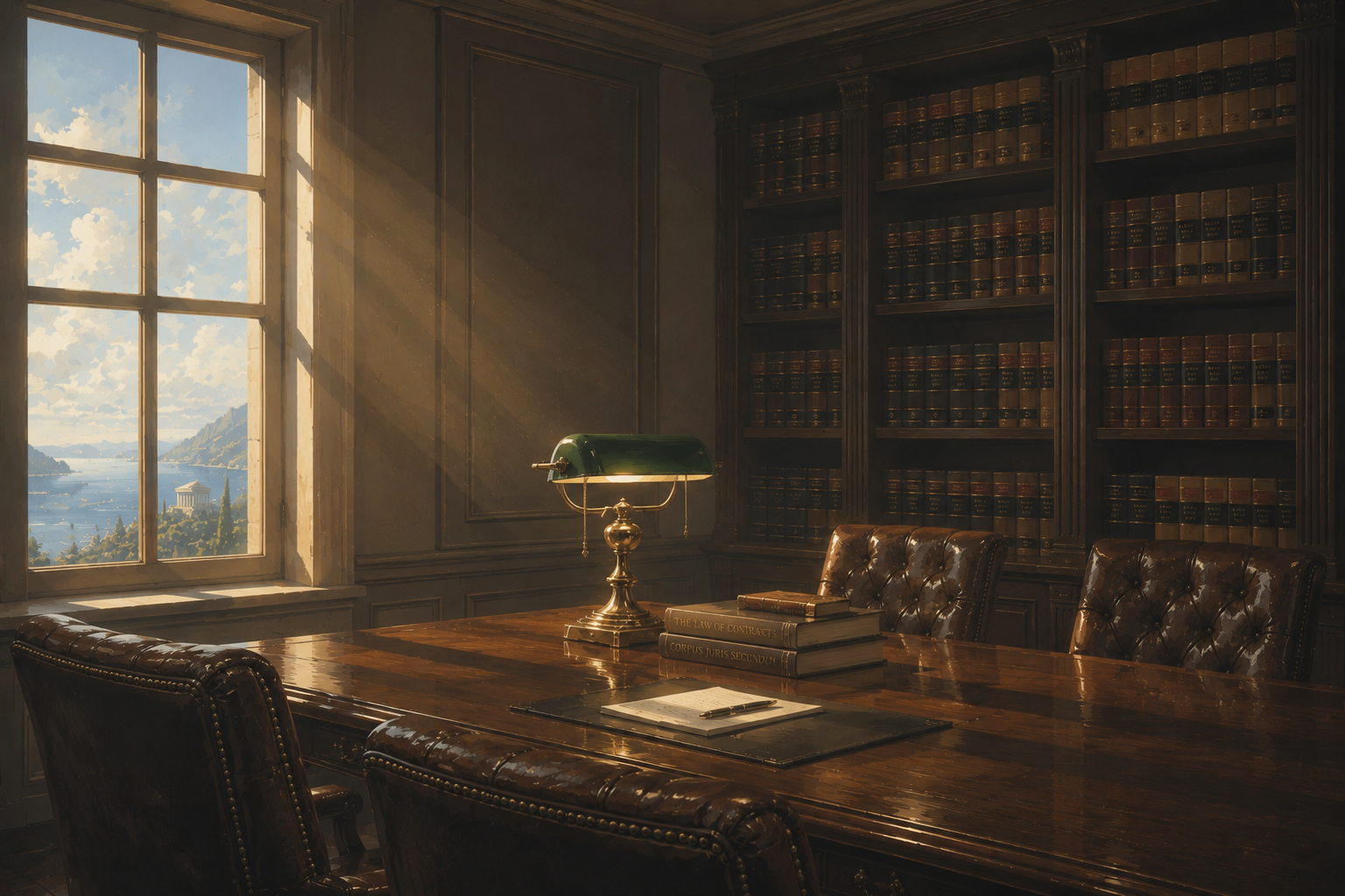 A sunlit law library with a brass lamp, leather chairs, and a coastal view through the window