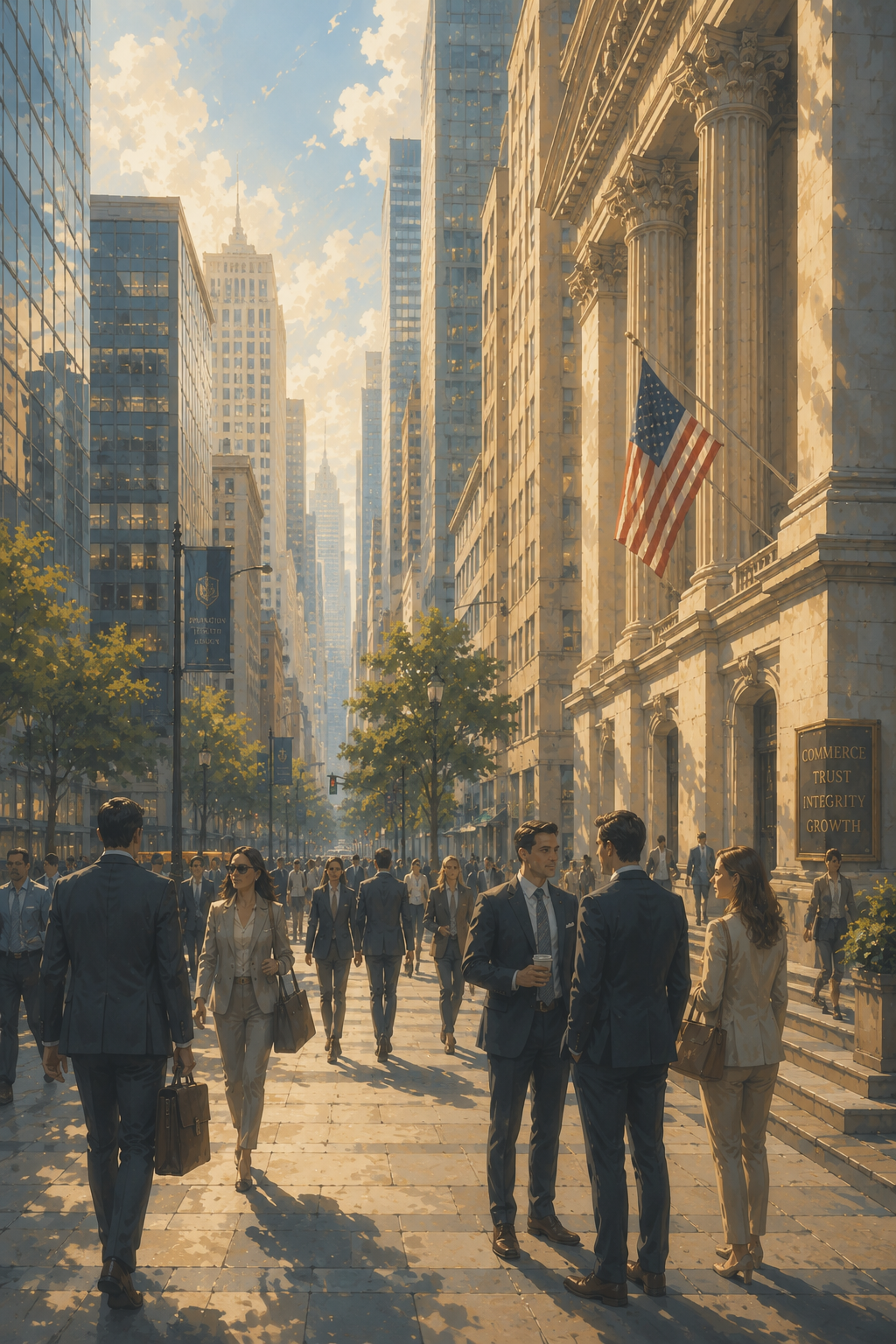 Attorneys and professionals on a sunlit financial-district street before a columned exchange