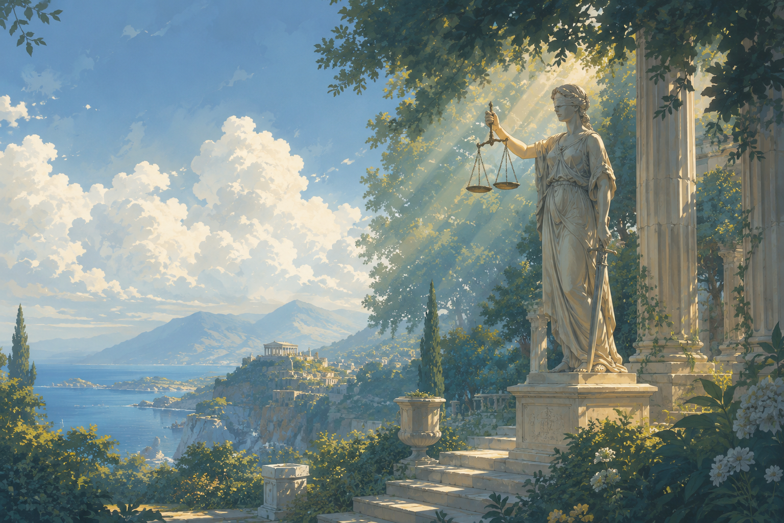 Lady Justice with her scales and sword before a colonnade, overlooking a sunlit coastline