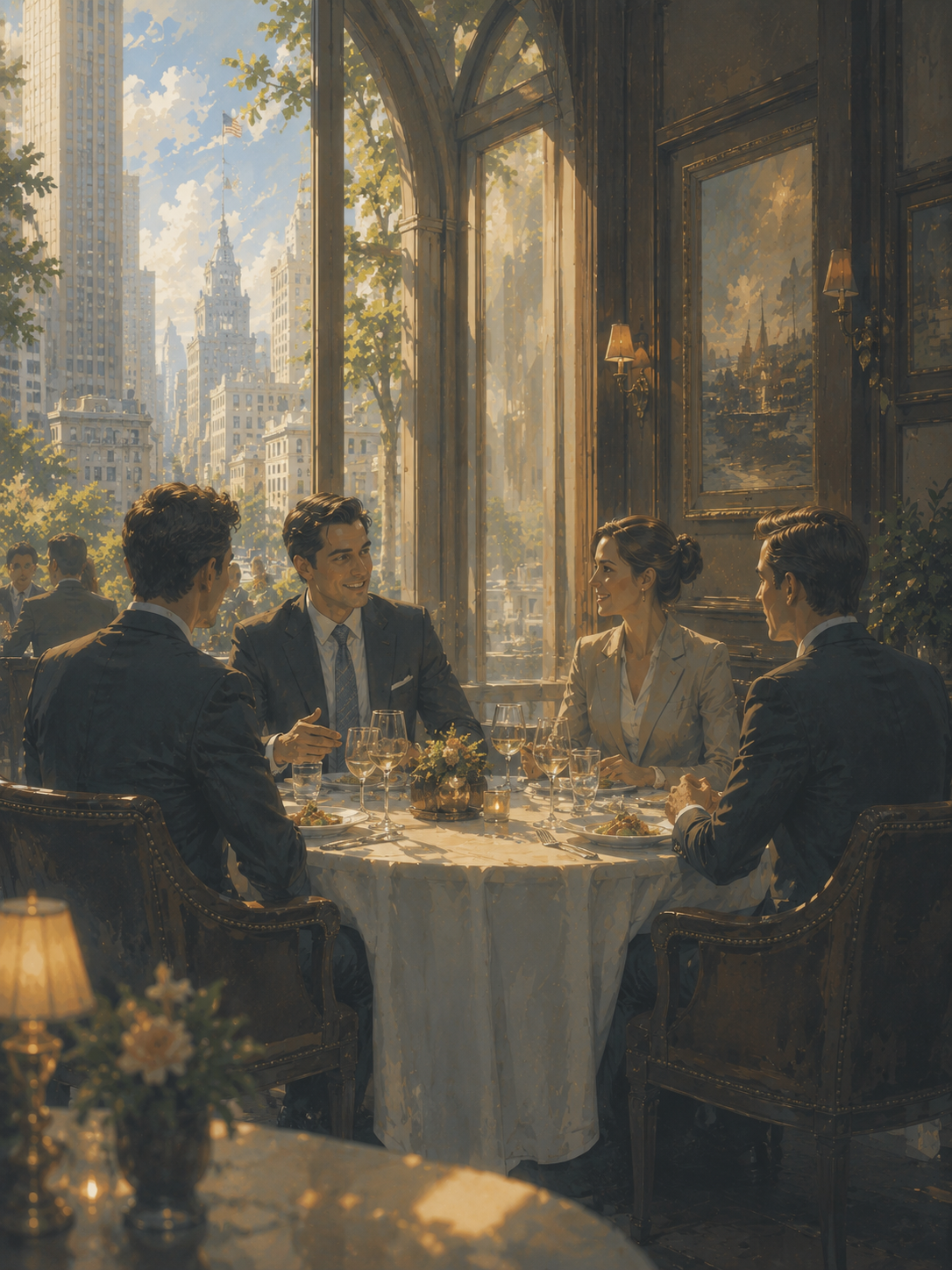 Attorneys and a client over lunch at a sunlit window table, the city beyond