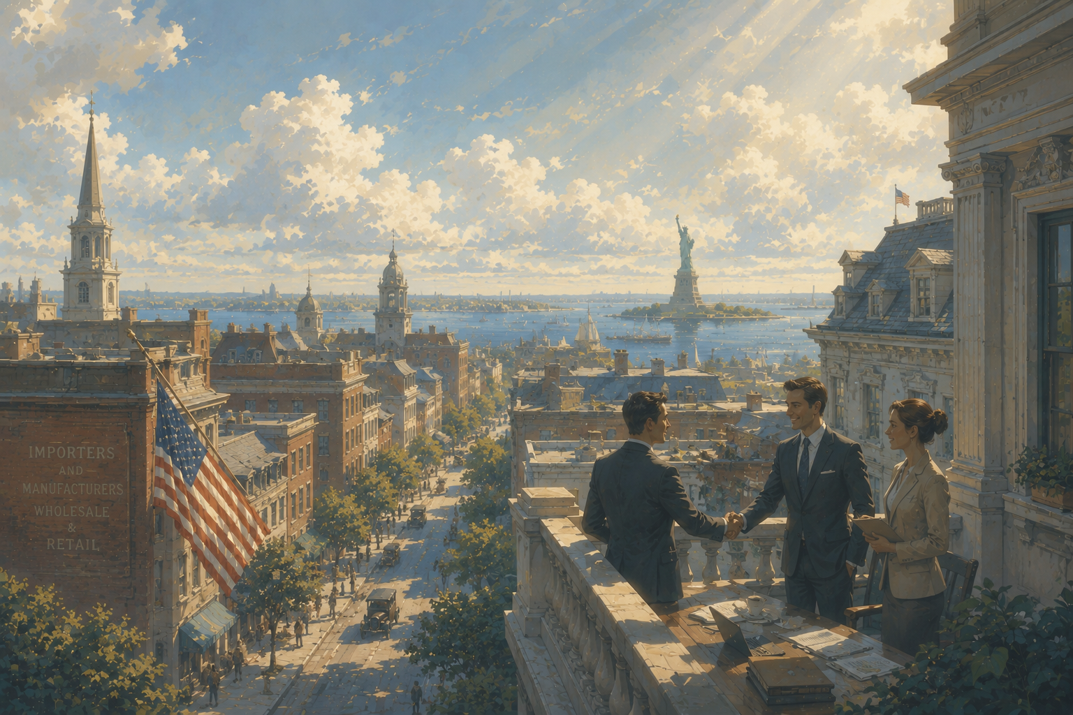 A rooftop handshake over a sunlit harbor, the Statue of Liberty beyond